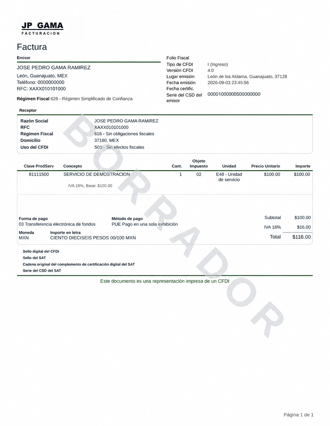 Borrador real de una factura CFDI generado con la vista previa de Facturapi y datos de demostración