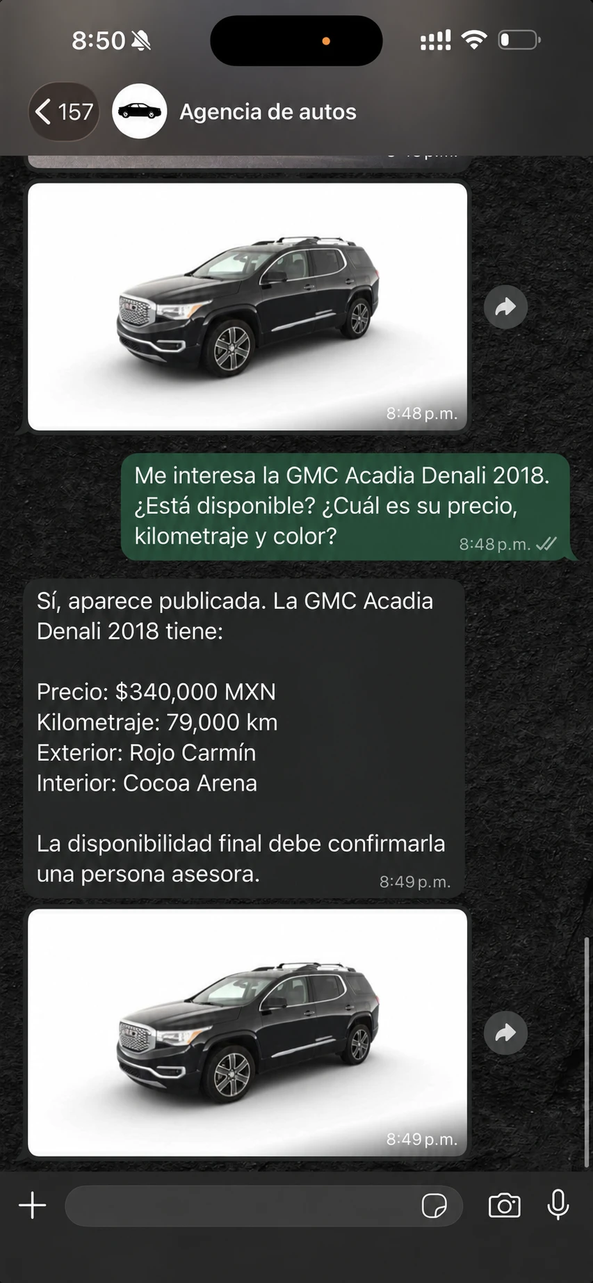 Conversación real de WhatsApp con una agencia anonimizada y una respuesta basada en el inventario publicado